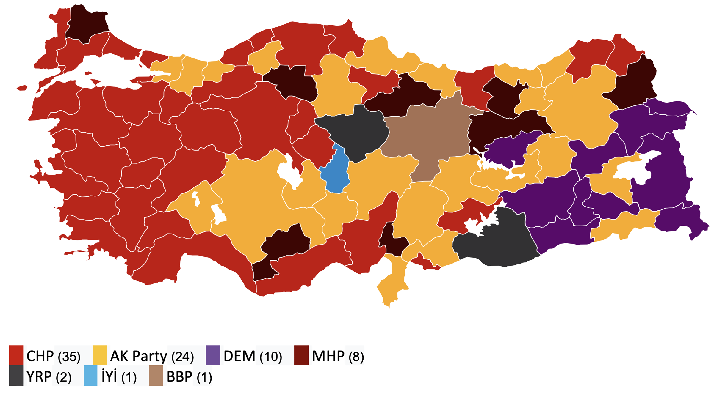 Map of Turkey showing election results 2024