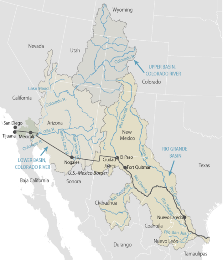 Map of U.S.-Mexico border showing rivers