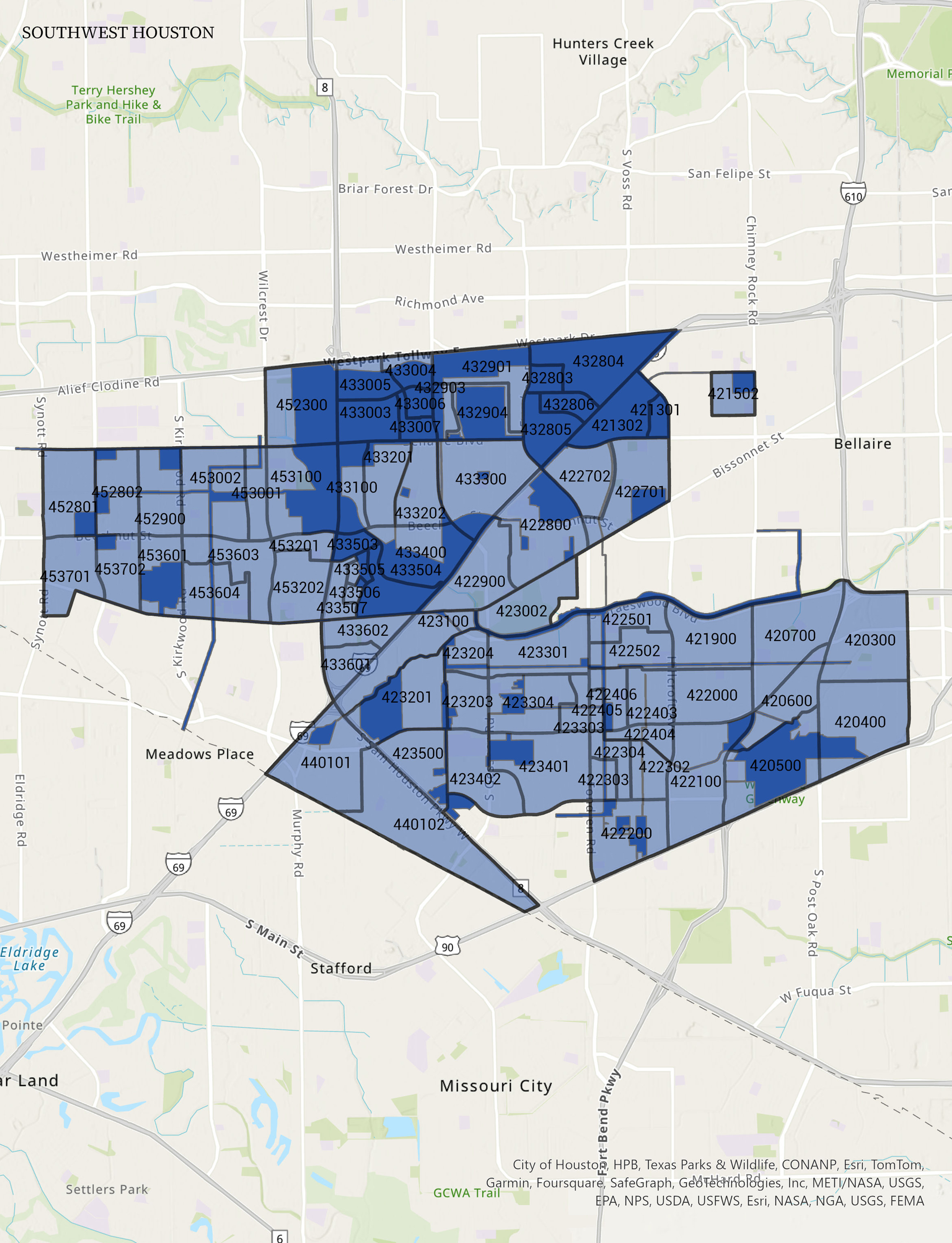 Southwest Houston TIRZ’s Legal Boundaries and Adjacent Areas