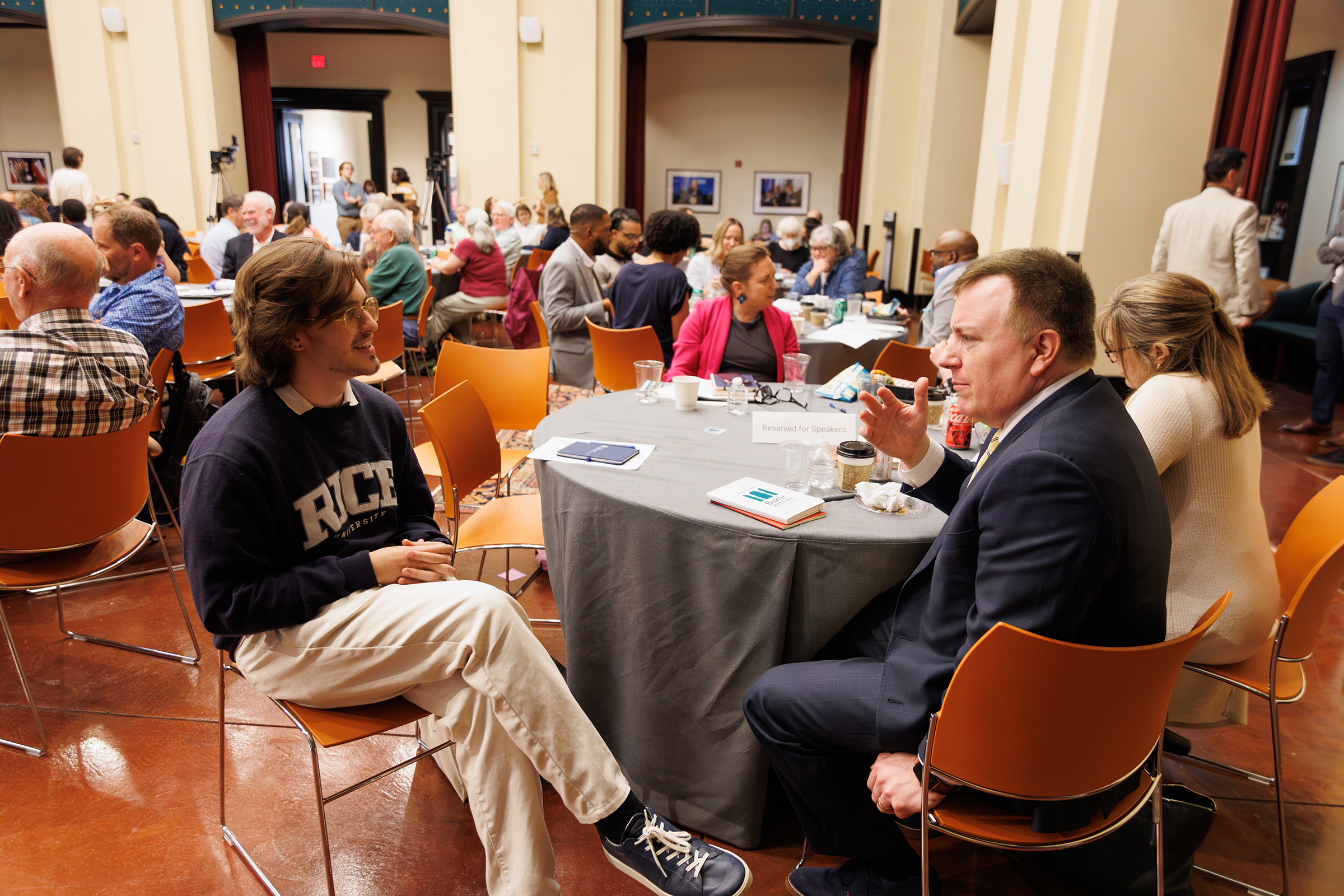 Baker Institute intern and Michael Emerson in discussion at Christian nationalism conference