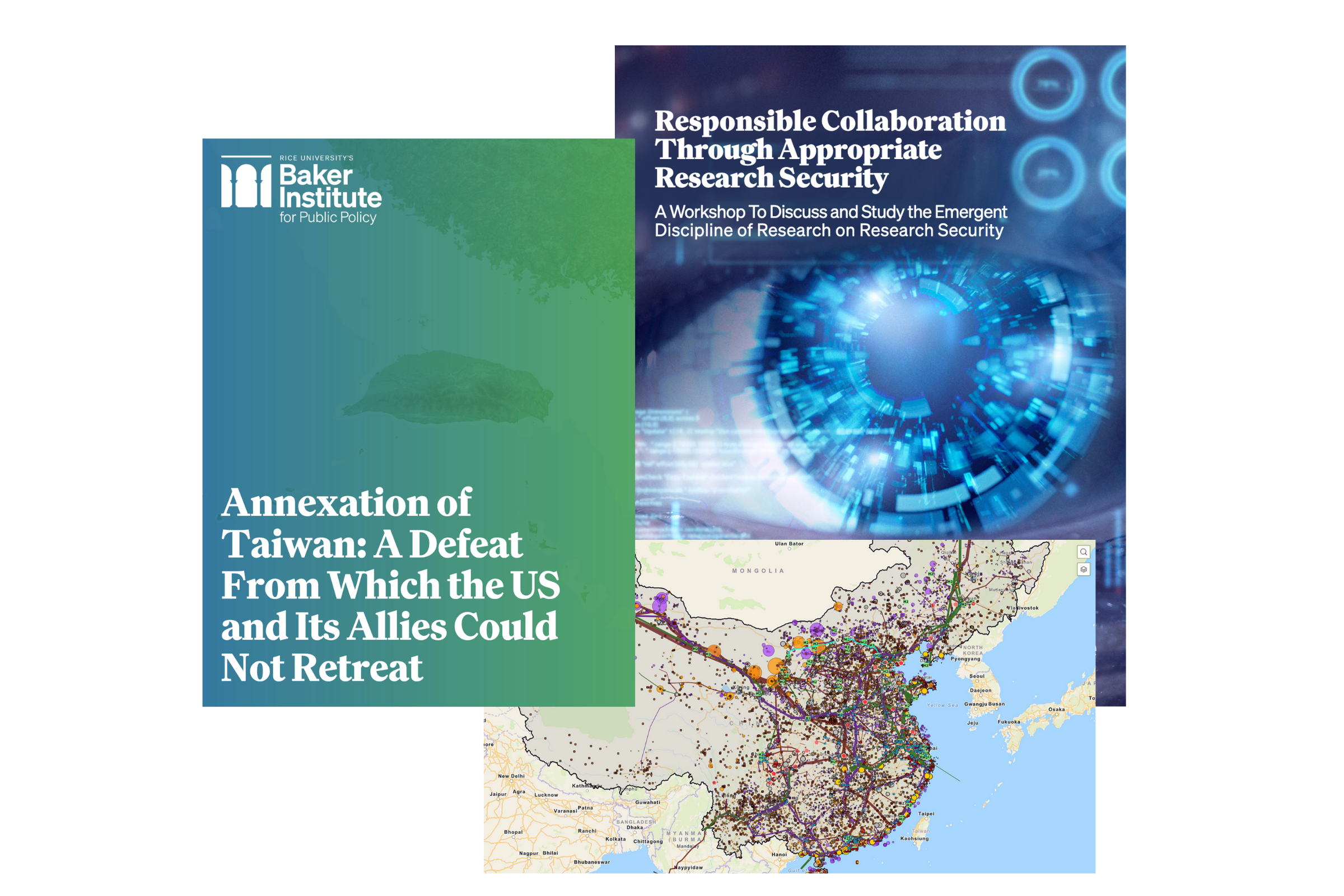 Photo collage: Covers of Baker Institute reports and screenshot of China Energy Map