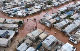 This aerial view shows the camp of Deir Ballut for internally displaced people in the Afrin region of Syria's rebel-held northern Aleppo province, inundated following heavy rainfall on May 24, 2024.