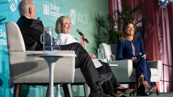 Secretaries of State Baker and Clinton with Moderator Norah O'Donnell at the 30th Anniversary Gala