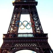 Olympic logo over Eiffel Tower in Paris